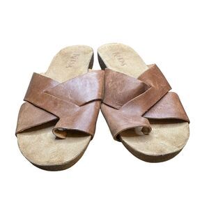Korks Alberte Wedge Sandals Women's Size 9 M Brown Leather Criss Cross Toe Loop